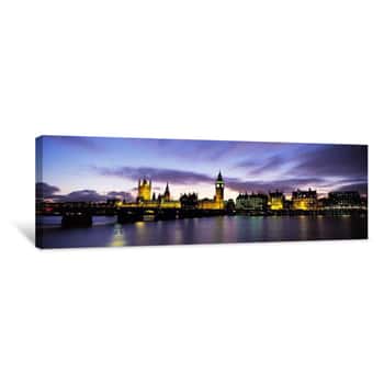 Image of Government Buildings Lit Up At Night, Big Ben, Houses Of Parliament, Thames River, City Of Westminster, London, England Canvas Print