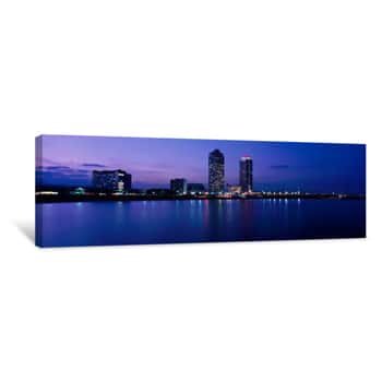 Image of Buildings Lit Up At The Waterfront, Torre Mapfre, Hotel Arts, Port Olimpic, Barcelona, Catalonia, Spain Canvas Print