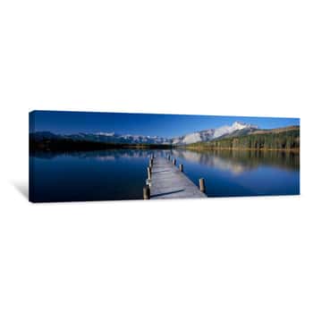 Image of Pier Over A Lake, Hector Lake, Mt John Laurie, Rocky Mountains, Kananaskis Country, Calgary, Alberta, Canada Canvas Print
