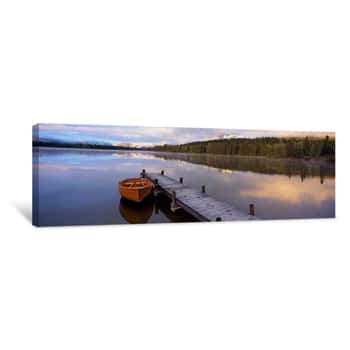 Image of Boat Moored At A Pier, Hector Lake, Mt John Laurie, Rocky Mountains, Kananaskis Country, Calgary, Alberta, Canada Canvas Print