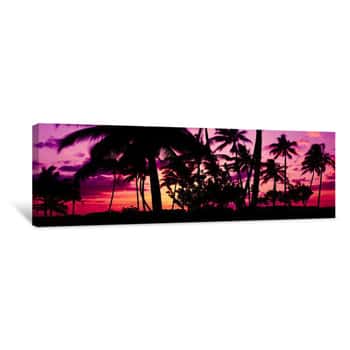 Image of Silhouette Of Palm Trees At Sunset, Ko Olina, Oahu, Hawaii, USA Canvas Print
