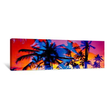 Image of Silhouette Of Palm Trees At Sunset, Ko Olina, Oahu, Hawaii, USA - Canvas Print
