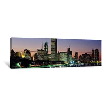 Image of Buildings Lit Up At Dusk, Lake Michigan, Chicago, Cook County, Illinois, USA Canvas Print