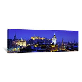Image of Buildings Lit Up At Night With A Castle In The Background, Edinburgh Castle, Edinburgh, Scotland Canvas Print