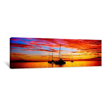 Image of Silhouette Of Sailboats In The Ocean At Sunset, Tahiti, Society Islands, French Polynesia Canvas Print