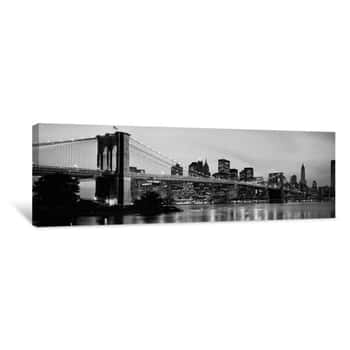 Image of Brooklyn Bridge Across The East River At Dusk, Manhattan, New York City, New York State Black and White Canvas Print