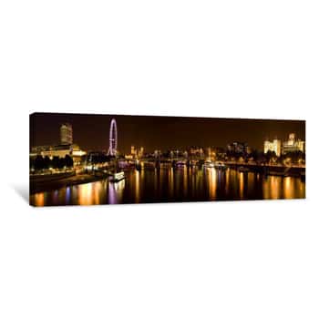 Image of View Of Thames River From Waterloo Bridge At Night, London, England Canvas Print