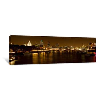 Image of View Of Thames River From Waterloo Bridge At Night, London Canvas Print