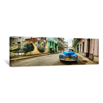 Image of Old Car And A Mural On A Street, Havana, Cuba Canvas Print