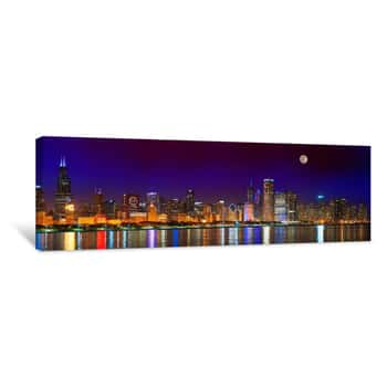 Image of Chicago Skyline With Cubs World Series Lights Night, Moonrise, Lake Michigan, Chicago, Cook County, Illinois Canvas Print