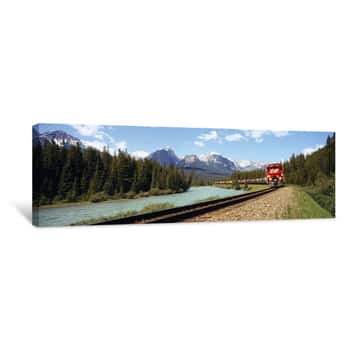 Image of Train On A Railroad Track, Morant\'s Curve, Banff National Park, Alberta, Canada Canvas Print
