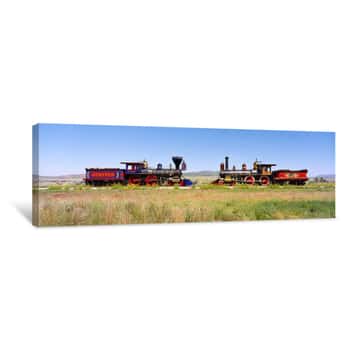 Image of Two Steam Engines On A Railroad Track, Jupiter And 119, Golden Spike National Historic Site, Utah, USA Canvas Print
