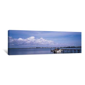 Image of View Of A Boat Parked At A Pier, Thoroughfare Bay, Brigantine Beach, New Jersey, USA Canvas Print