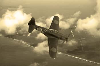 Image of World War 2 Era Fighter Plane  Japnese Aricraft N1K-J Shiden Known As \'Geroge\' By The Allies  Flying Over The Pacific Island Of Saipan  (Computer Image, Artist\'s Impression) Canvas Print