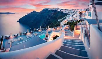 Image of Great Evening View Of Santorini Island  Picturesque Spring Sunset On The Famous Greek Resort Fira, Greece, Europe  Traveling Concept Background  Artistic Style Post Processed Photo  Canvas Print
