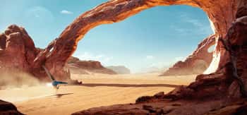 Image of Fantastic Sci-fi Landscape Of A Spaceship On A Sunny Day, Flying Over A Desert With Amazing Arch-shaped Rock Formations  Canvas Print