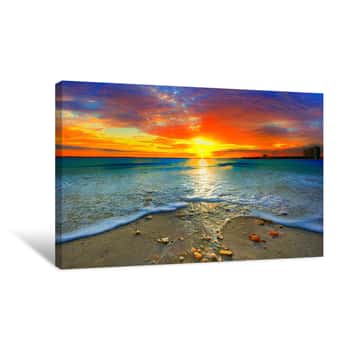 Image of Amazing Red Sunset Over Blue Ocean Canvas Print
