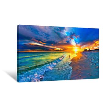 Image of Beach Landscape Blue Sea Waves, Yellow Sunset Burst Canvas Print