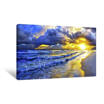 Image of Beautiful Blue Ocean Sunset and Waves Canvas Print