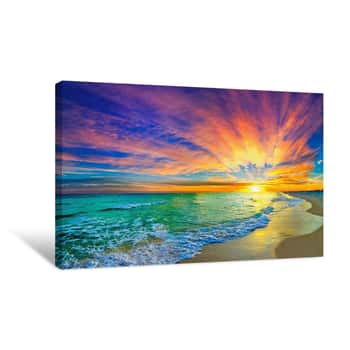 Image of Colorful Ocean Sunset Orange And Red Beach Sunset Canvas Print