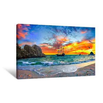 Image of Pirate Ship Sailing Into Sunset Pirate Ship Canvas Print