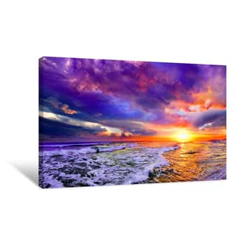 Image of Romantic Pink Purple Cloud Sunset Beach Canvas Print