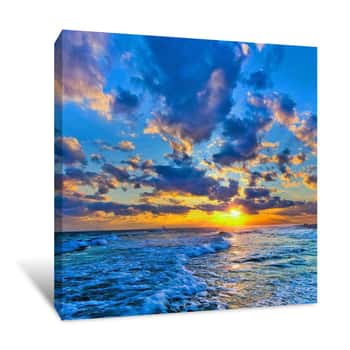 Image of Winter Sunset Florida Beach Expanding Puffy Clouds Canvas Print