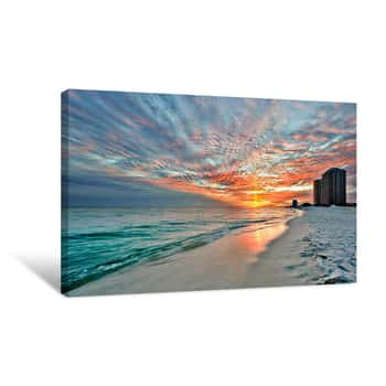 Image of Yellow Sunray Through Red and Blue Sunset on Beach Canvas Print