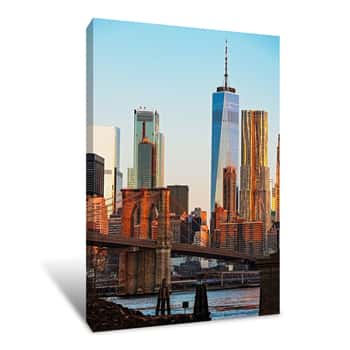 Image of Brooklyn Bridge view with One World Trade Center at Sunrise Canvas Print