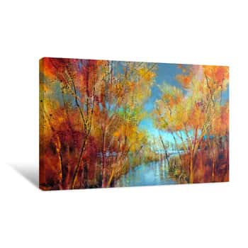 Image of Autumn Joys: Colorful Trees and a Blue Sky Canvas Print