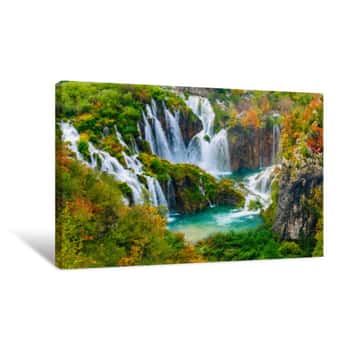 Image of Detailed View Of The Beautiful Waterfalls In The Sunshine In Plitvice National Park, Croatia Canvas Print