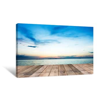 Image of Perspective Of Wood Terrace Against Beautiful Seascape At Sunset Canvas Print