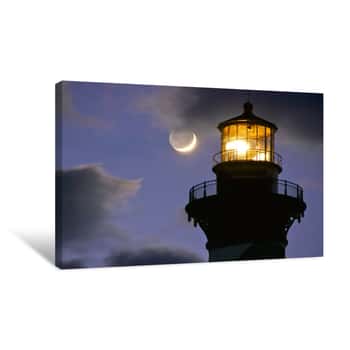 Image of Cape Hatteras Lighthouse At Dusk With Darkening Clouds And Moon Canvas Print