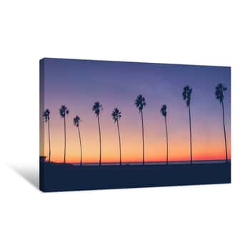 Image of Vintage California Beach Photo - Row Of Palm Trees Silhouettes During A Colorful Sunset At The Beach In California  Canvas Print
