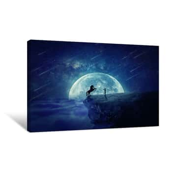 Image of Night Scene With A Boy Standing At The Edge Of A Cliff Chasm Trying To Tame A Wild Unicorn  Begining Of A New Friendship, Fearless Symbol Canvas Print