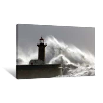 Image of Big Stormy Waves Over Old Lighthouse Canvas Print