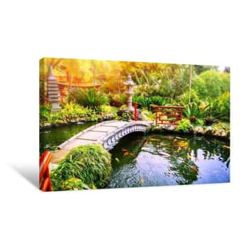 Image of Japanese Garden With Swimming Koi Fishes In Pond Canvas Print