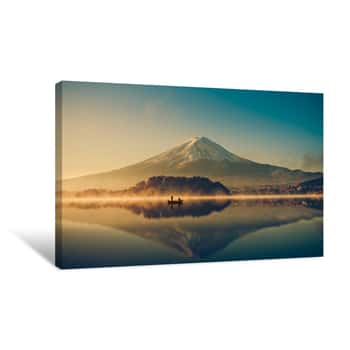 Image of Mount Fuji At Lake Kawaguchiko,Sunrise , Vintage Canvas Print