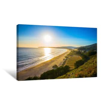 Image of Sunset Over Stinson Beach Just North Of San Francisco, California, USA   Spring Flowers In The Foreground  Canvas Print