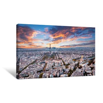 Image of Aerial Paris Panorama In Late Autumn From Montparnasse Tower At Sunset  Eiffel Tower In The Distance And Financial District Canvas Print