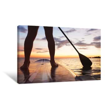 Image of Paddle Board On The Beach, Close Up Of Standing  Legs And Paddle Canvas Print