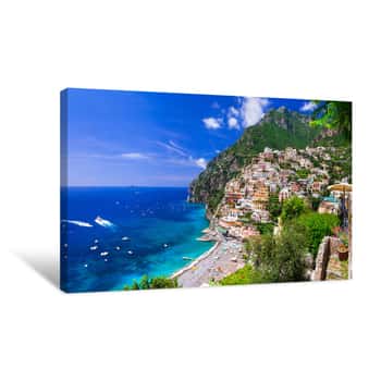 Image of Beautiful Coastal Towns Of Italy - Scenic Positano In Amalfi Coast Canvas Print