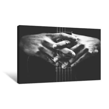 Image of Musician Hands On Guitar Neck  Black And White, Music Background Canvas Print