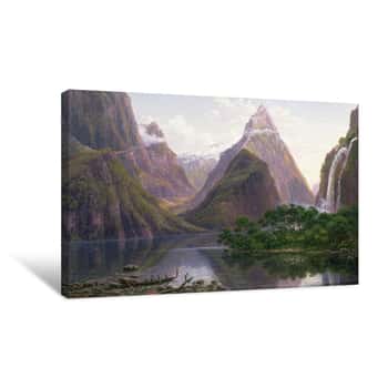 Image of Native Figures in a Canoe at Milford Sound Canvas Print