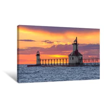 Image of St  Joseph Sunset - St  Joseph, Michigan Lighthouses On Lake Michigan Canvas Print