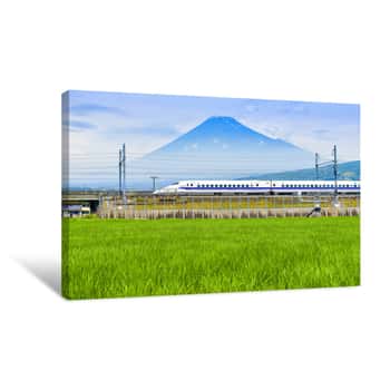 Image of Bullet Train And Fuji Mountain With Rice Field Foreground At Fuji City, Shizuoka, Japan Canvas Print
