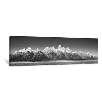 Image of Black And White Panoramic Picture Of The Grand Teton Mountain Range In Autumn, Wyoming, USA  Canvas Print