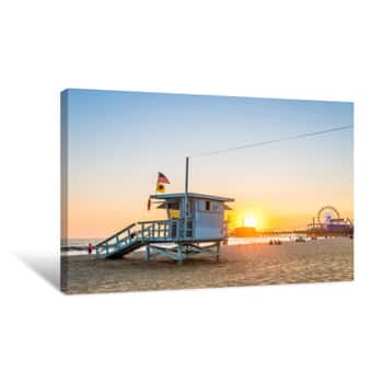 Image of Santa Monica Famous Lfeguard Tower And Pier At Background, Los Angeles Canvas Print