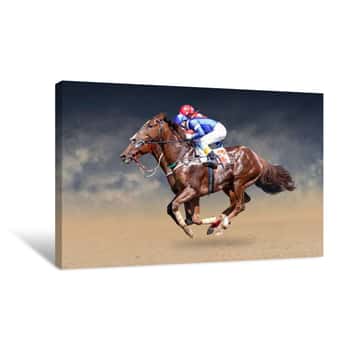 Image of Two Racing Horses Neck To Neck In Fierce Competition For The Finish Line Canvas Print
