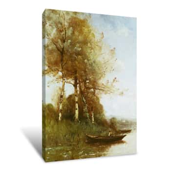 Image of Morning Effect, Silver Birches and a River Canvas Print